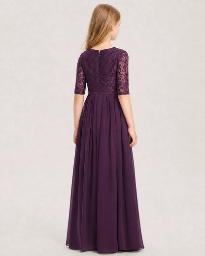 Grape Junior Bridesmaid Dress  Sheer Lace Sleeve Chiffon Floor-Length Gown Back View