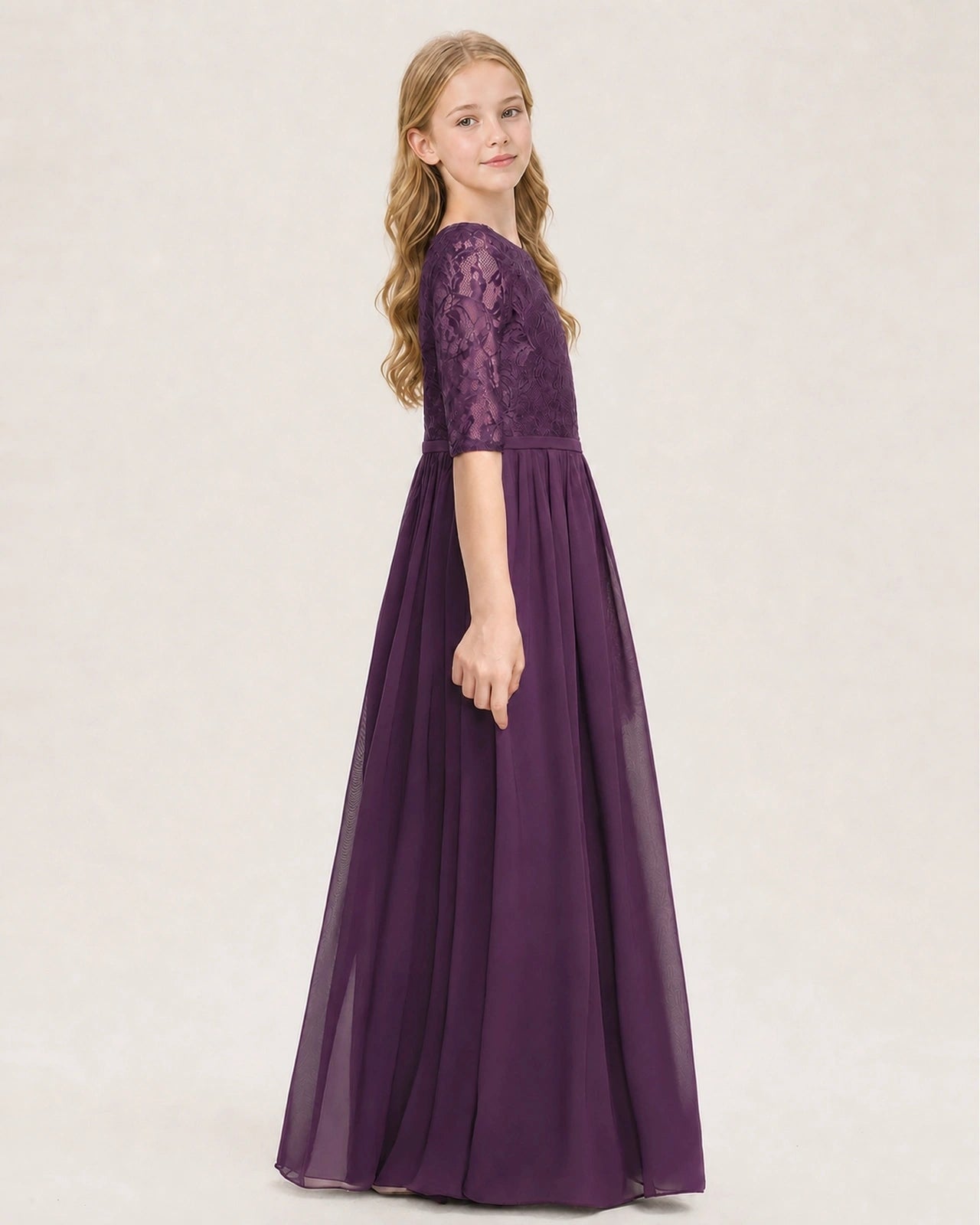 Grape Junior Bridesmaid Dress  Sheer Lace Sleeve Chiffon Floor-Length Gown Side View