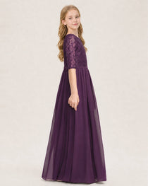 Grape Junior Bridesmaid Dress  Sheer Lace Sleeve Chiffon Floor-Length Gown Side View