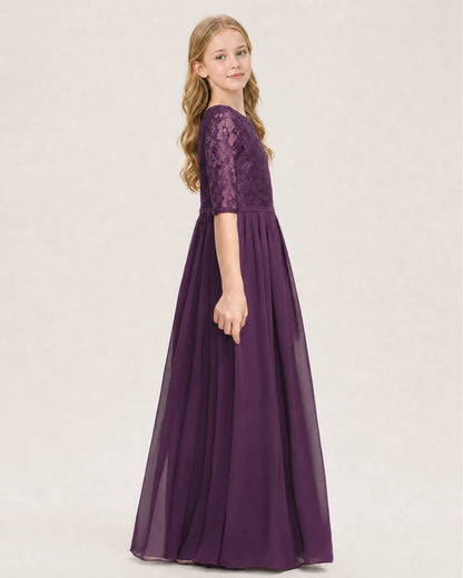 Grape Junior Bridesmaid Dress  Sheer Lace Sleeve Chiffon Floor-Length Gown Side View