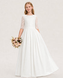 Ivory Junior Bridesmaid Dress  Sheer Lace Sleeve Chiffon Floor-Length Gown Front View
