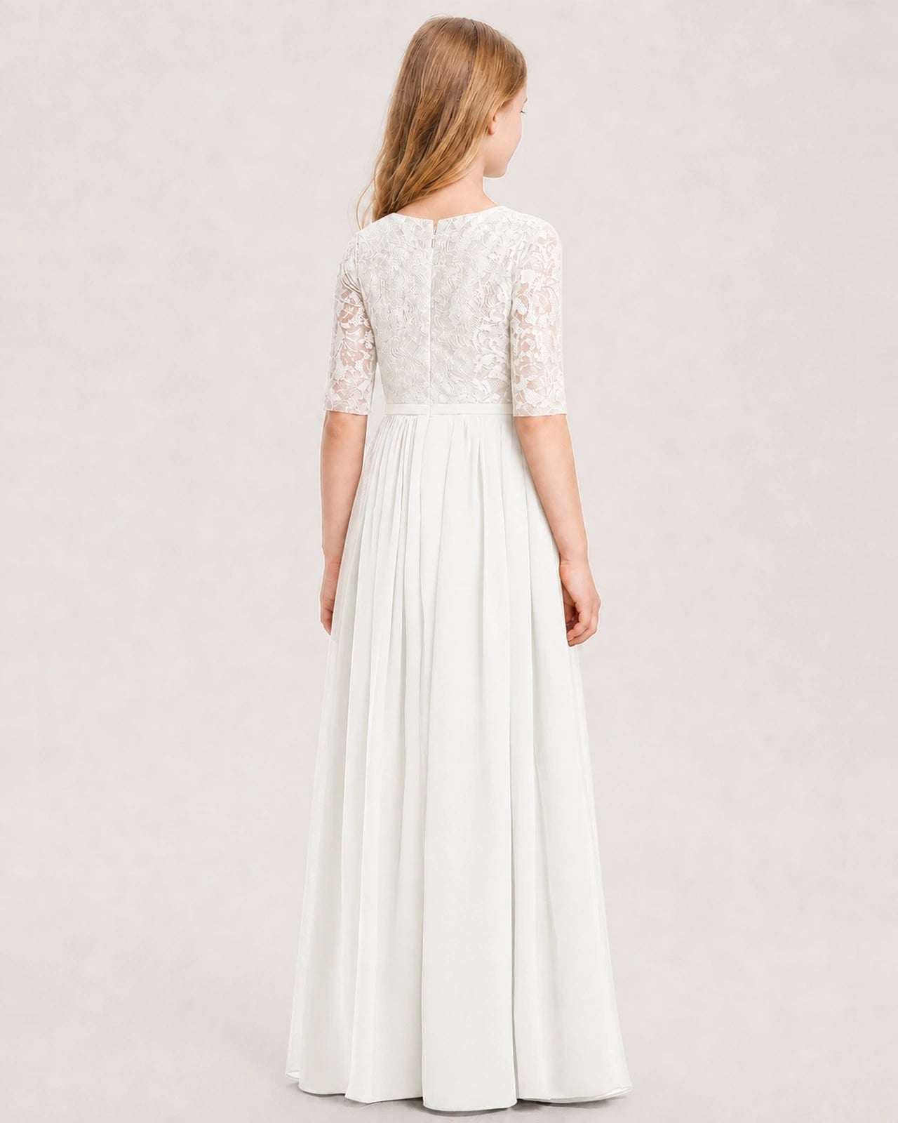 Ivory Junior Bridesmaid Dress  Sheer Lace Sleeve Chiffon Floor-Length Gown Back View