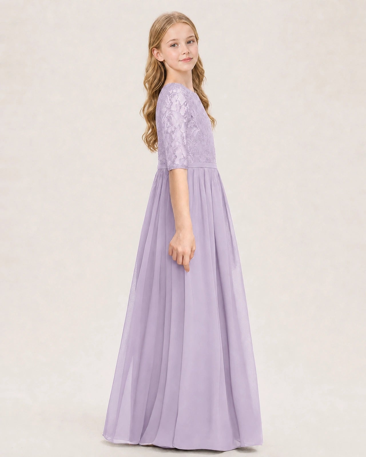 Lavender Junior Bridesmaid Dress  Sheer Lace Sleeve Chiffon Floor-Length Gown Side View