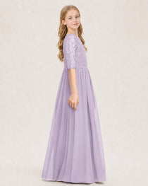 Lavender Junior Bridesmaid Dress  Sheer Lace Sleeve Chiffon Floor-Length Gown Side View