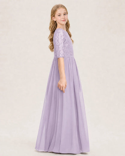 Lavender Junior Bridesmaid Dress  Sheer Lace Sleeve Chiffon Floor-Length Gown Side View