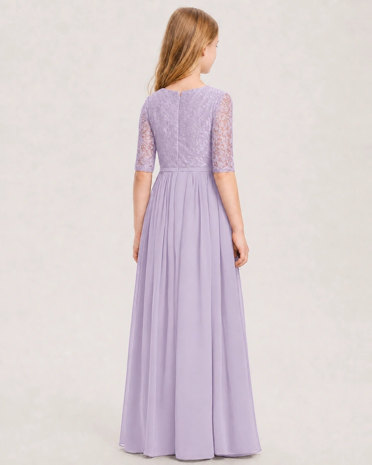 Lavender Junior Bridesmaid Dress  Sheer Lace Sleeve Chiffon Floor-Length Gown Back View