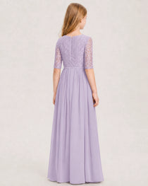 Lavender Junior Bridesmaid Dress  Sheer Lace Sleeve Chiffon Floor-Length Gown Back View