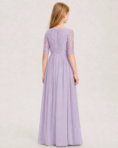 Lavender Junior Bridesmaid Dress  Sheer Lace Sleeve Chiffon Floor-Length Gown Back View