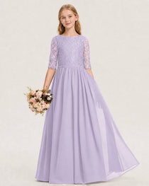 Lavender Junior Bridesmaid Dress  Sheer Lace Sleeve Chiffon Floor-Length Gown Front View