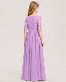 Lilac Junior Bridesmaid Dress  Sheer Lace Sleeve Chiffon Floor-Length Gown Back View
