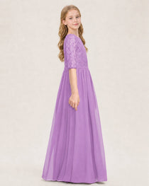 Lilac Junior Bridesmaid Dress  Sheer Lace Sleeve Chiffon Floor-Length Gown Side View