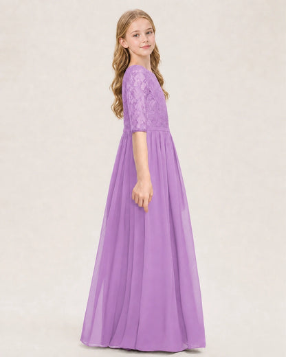 Lilac Junior Bridesmaid Dress  Sheer Lace Sleeve Chiffon Floor-Length Gown Side View