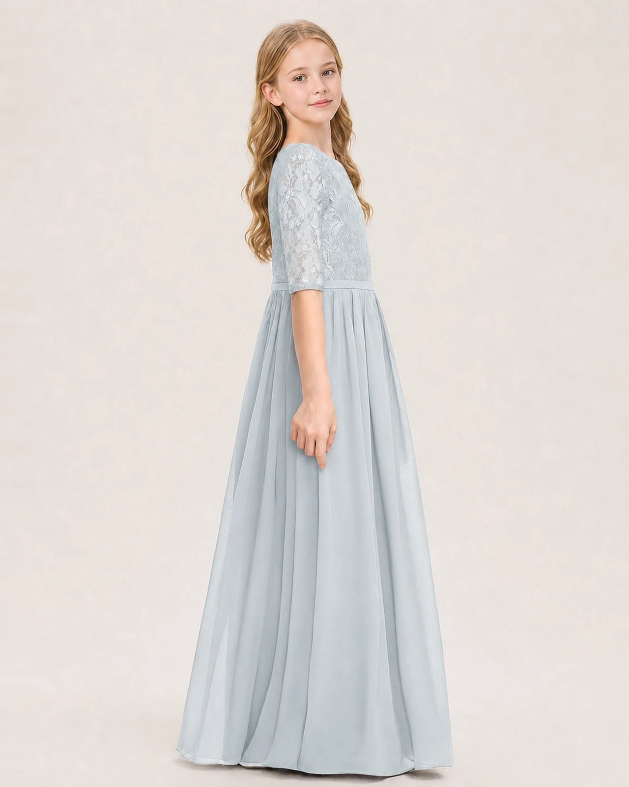 Mist Junior Bridesmaid Dress  Sheer Lace Sleeve Chiffon Floor-Length Gown Side View