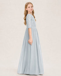 Mist Junior Bridesmaid Dress  Sheer Lace Sleeve Chiffon Floor-Length Gown Side View