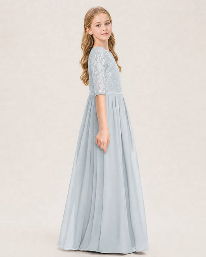Mist Junior Bridesmaid Dress  Sheer Lace Sleeve Chiffon Floor-Length Gown Side View