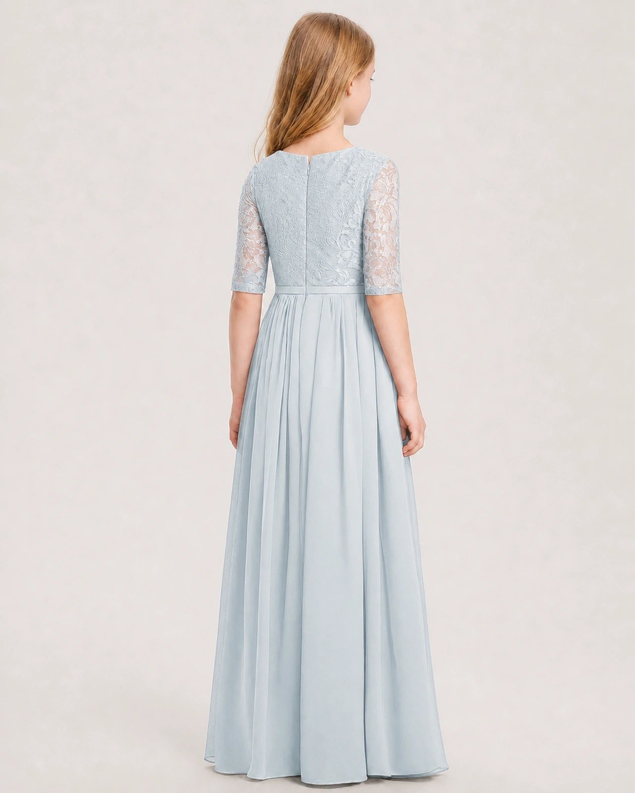 Mist Junior Bridesmaid Dress  Sheer Lace Sleeve Chiffon Floor-Length Gown Back View