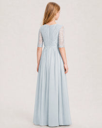 Mist Junior Bridesmaid Dress  Sheer Lace Sleeve Chiffon Floor-Length Gown Back View