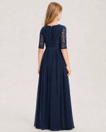 Navy Blue Junior Bridesmaid Dress  Sheer Lace Sleeve Chiffon Floor-Length Gown Back View
