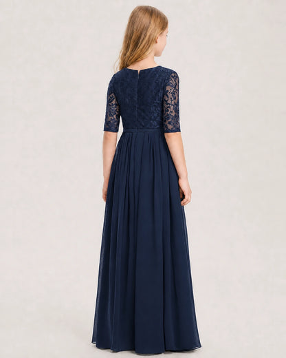 Navy Blue Junior Bridesmaid Dress  Sheer Lace Sleeve Chiffon Floor-Length Gown Back View
