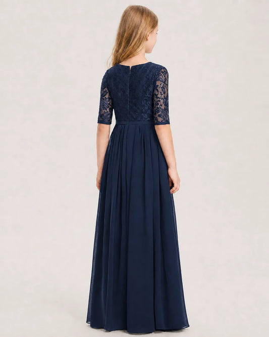 Navy Blue Lace Chiffon A-line Junior Bridesmaid Dress Back View