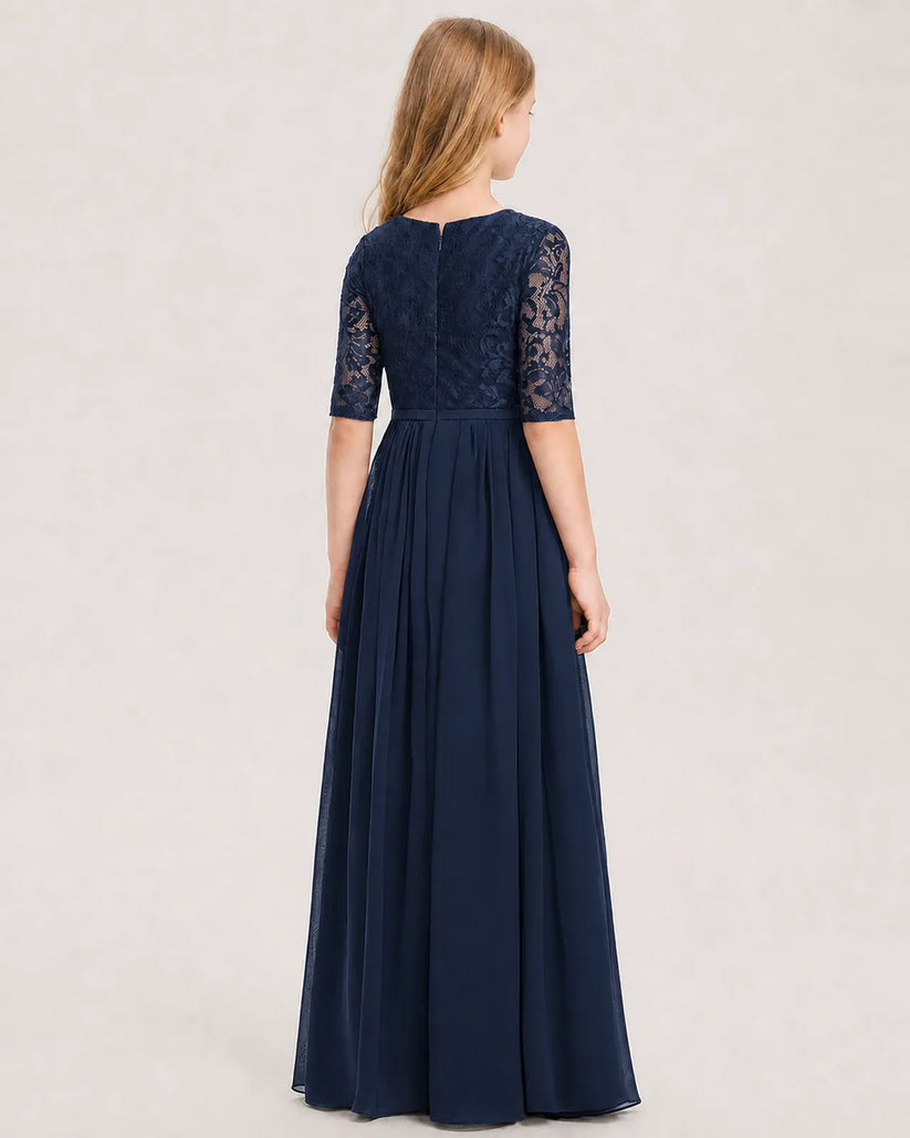 Navy Blue Lace Chiffon A-line Junior Bridesmaid Dress Back View