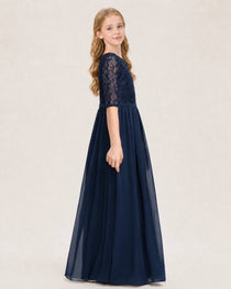 Navy Blue Junior Bridesmaid Dress  Sheer Lace Sleeve Chiffon Floor-Length Gown Side View