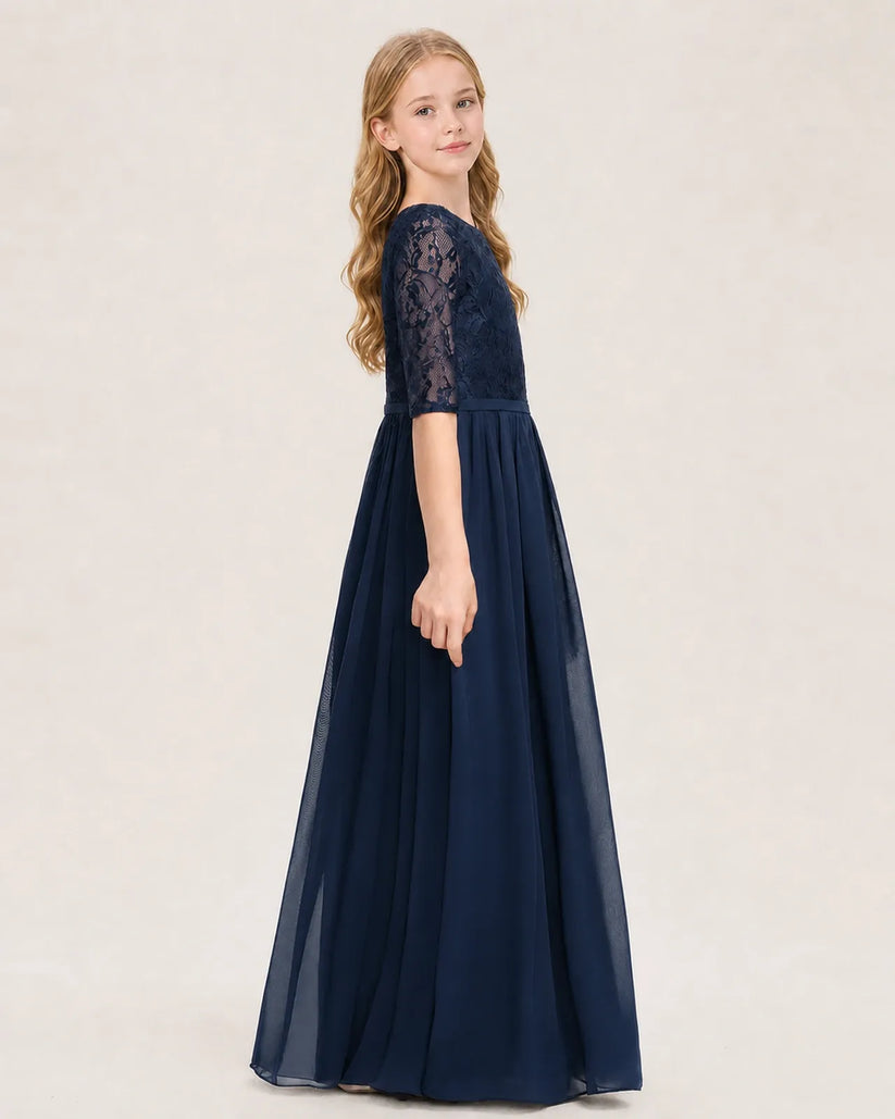 Navy Blue Chiffon A-line Junior Bridesmaid Dress Side View