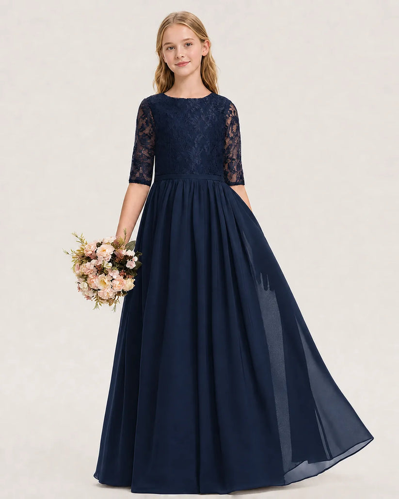 Navy Blue Chiffon A-line Junior Bridesmaid Dress Front View