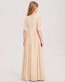 Peach Junior Bridesmaid Dress  Sheer Lace Sleeve Chiffon Floor-Length Gown Back View