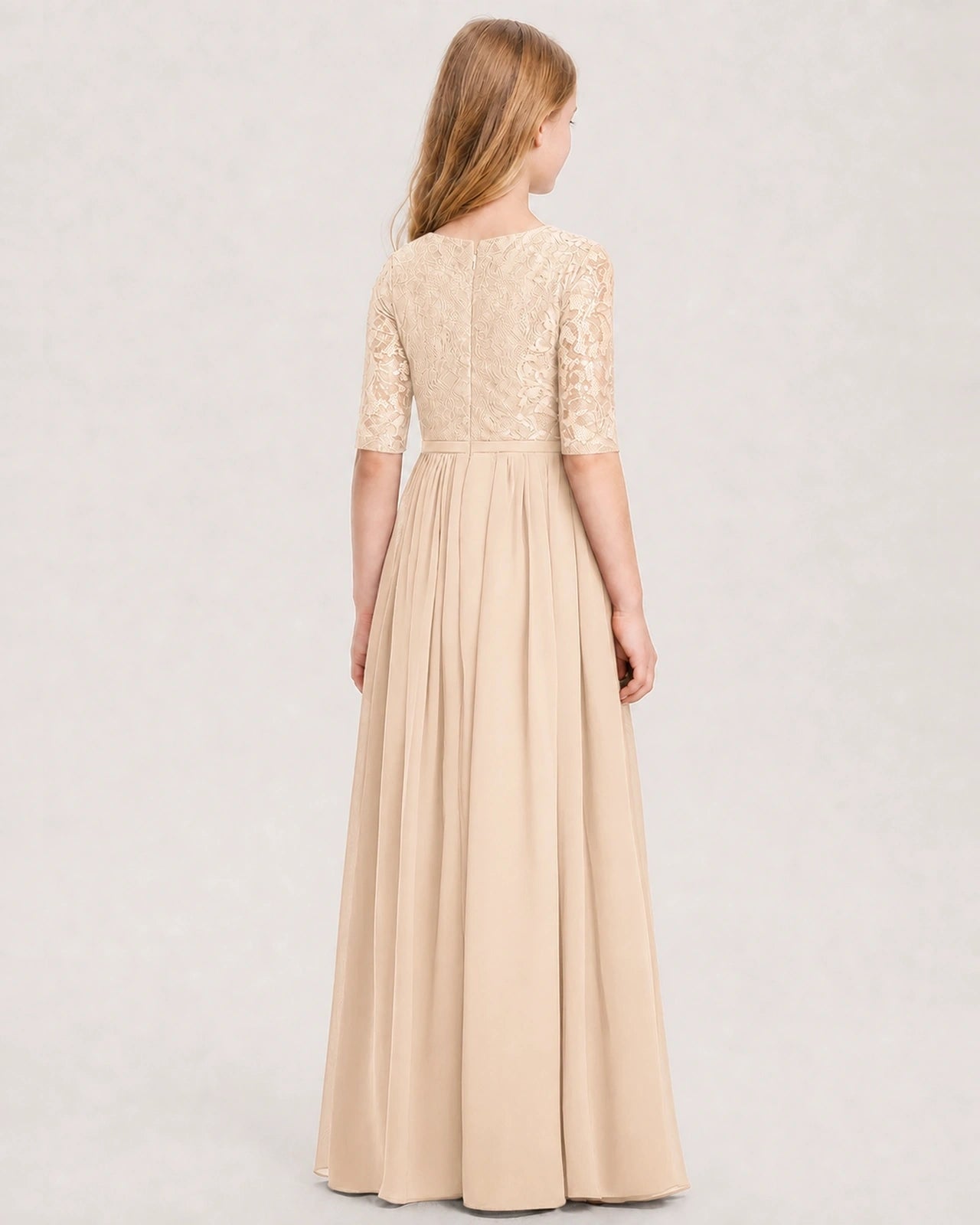 Peach Junior Bridesmaid Dress  Sheer Lace Sleeve Chiffon Floor-Length Gown Back View