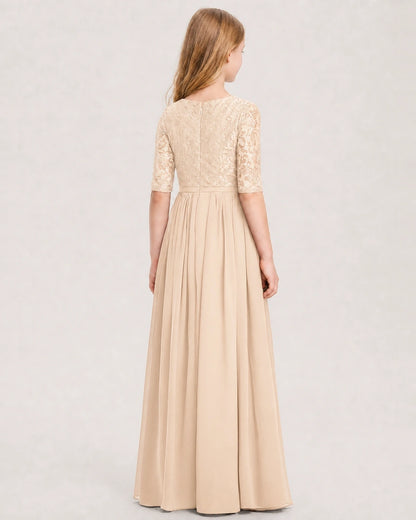 Peach Junior Bridesmaid Dress  Sheer Lace Sleeve Chiffon Floor-Length Gown Back View