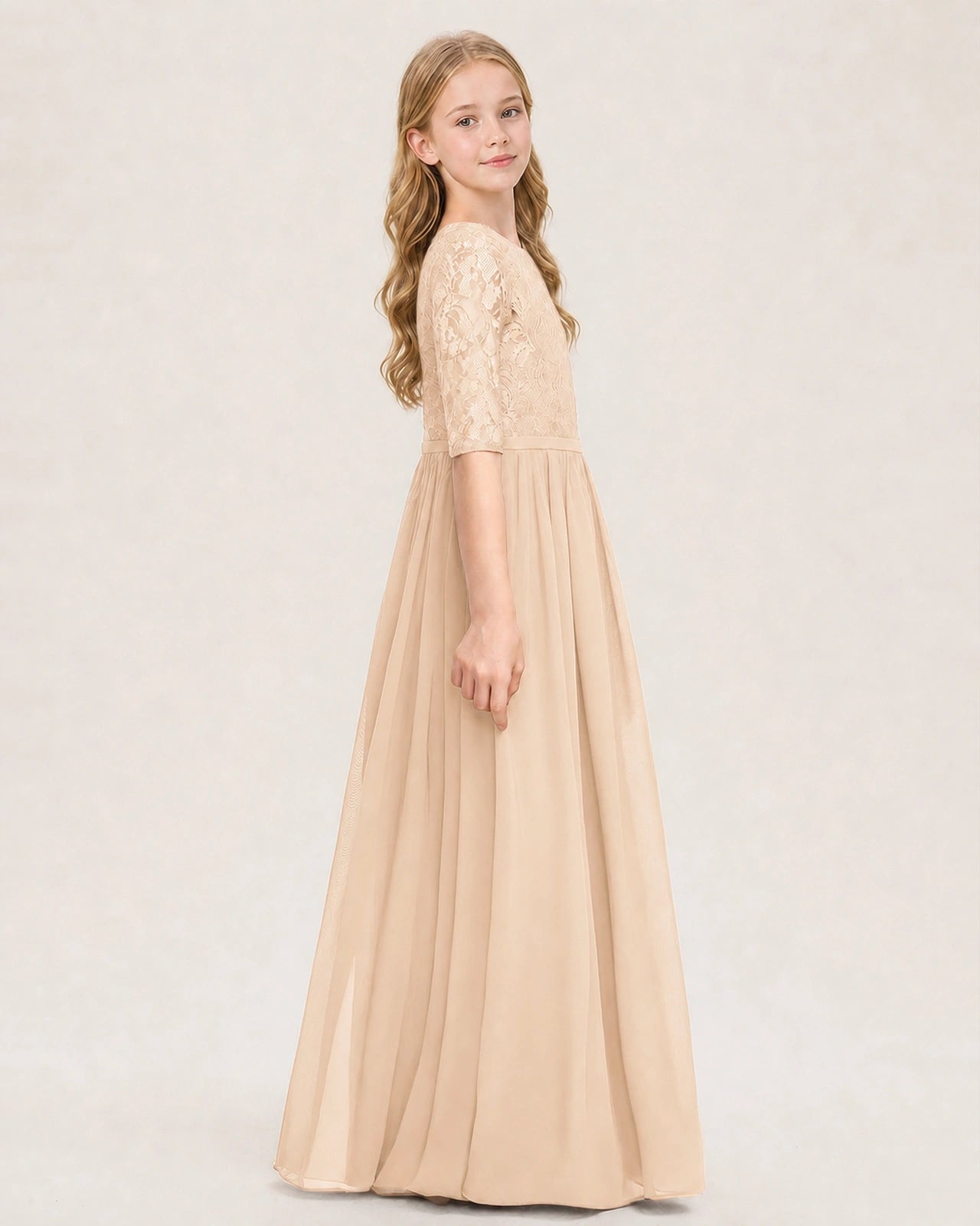 Peach Junior Bridesmaid Dress  Sheer Lace Sleeve Chiffon Floor-Length Gown Side View