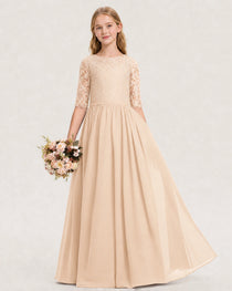 Peach Junior Bridesmaid Dress  Sheer Lace Sleeve Chiffon Floor-Length Gown Front View