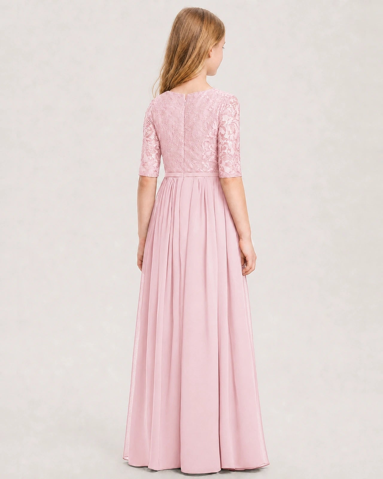 Pink Junior Bridesmaid Dress  Sheer Lace Sleeve Chiffon Floor-Length Gown Back View