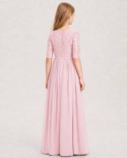 Pink Junior Bridesmaid Dress  Sheer Lace Sleeve Chiffon Floor-Length Gown Back View