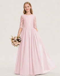 Pink Junior Bridesmaid Dress  Sheer Lace Sleeve Chiffon Floor-Length Gown Front View