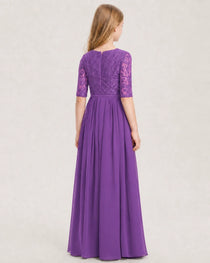 Purple Junior Bridesmaid Dress  Sheer Lace Sleeve Chiffon Floor-Length Gown Back View