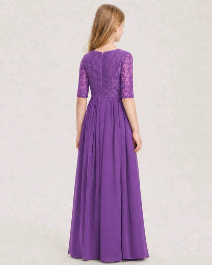 Purple Junior Bridesmaid Dress  Sheer Lace Sleeve Chiffon Floor-Length Gown Back View