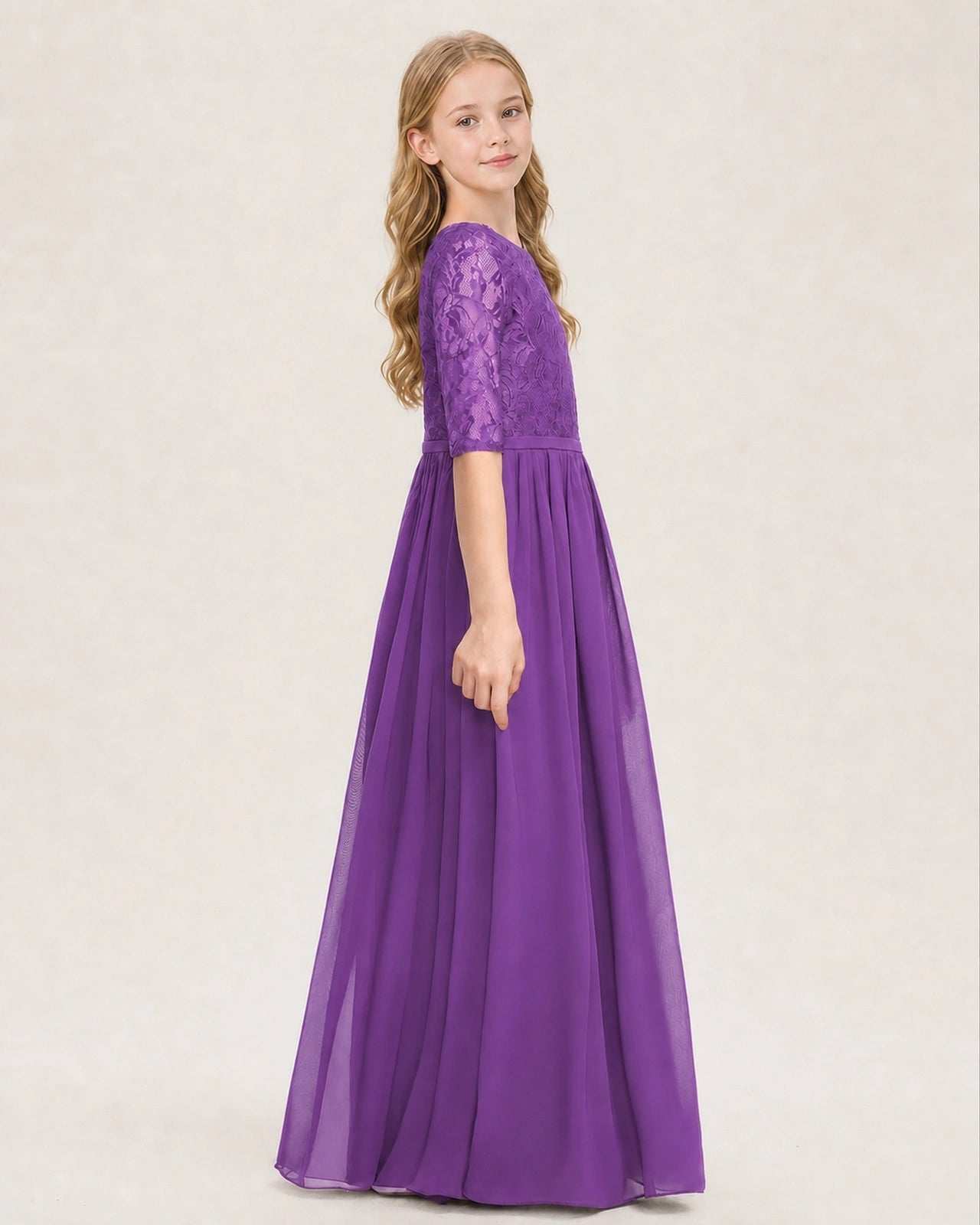 Purple Junior Bridesmaid Dress  Sheer Lace Sleeve Chiffon Floor-Length Gown Side View