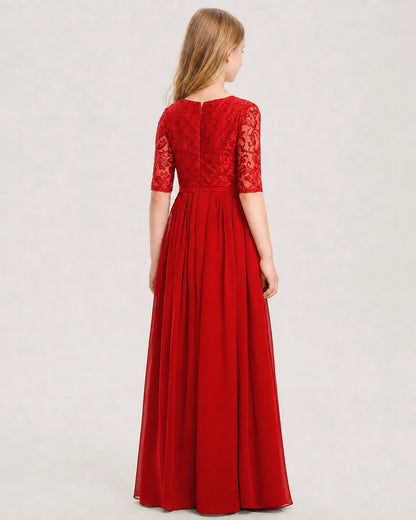 Red Junior Bridesmaid Dress  Sheer Lace Sleeve Chiffon Floor-Length Gown Back View