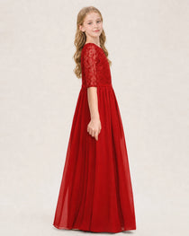 Red Junior Bridesmaid Dress  Sheer Lace Sleeve Chiffon Floor-Length Gown Side View