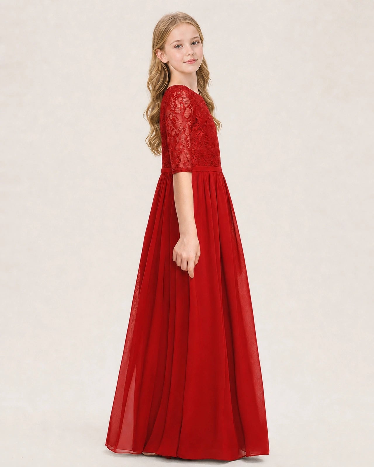 Red Junior Bridesmaid Dress  Sheer Lace Sleeve Chiffon Floor-Length Gown Side View