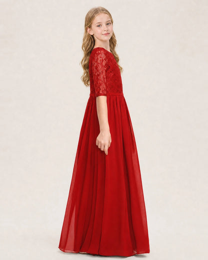 Red Junior Bridesmaid Dress  Sheer Lace Sleeve Chiffon Floor-Length Gown Side View