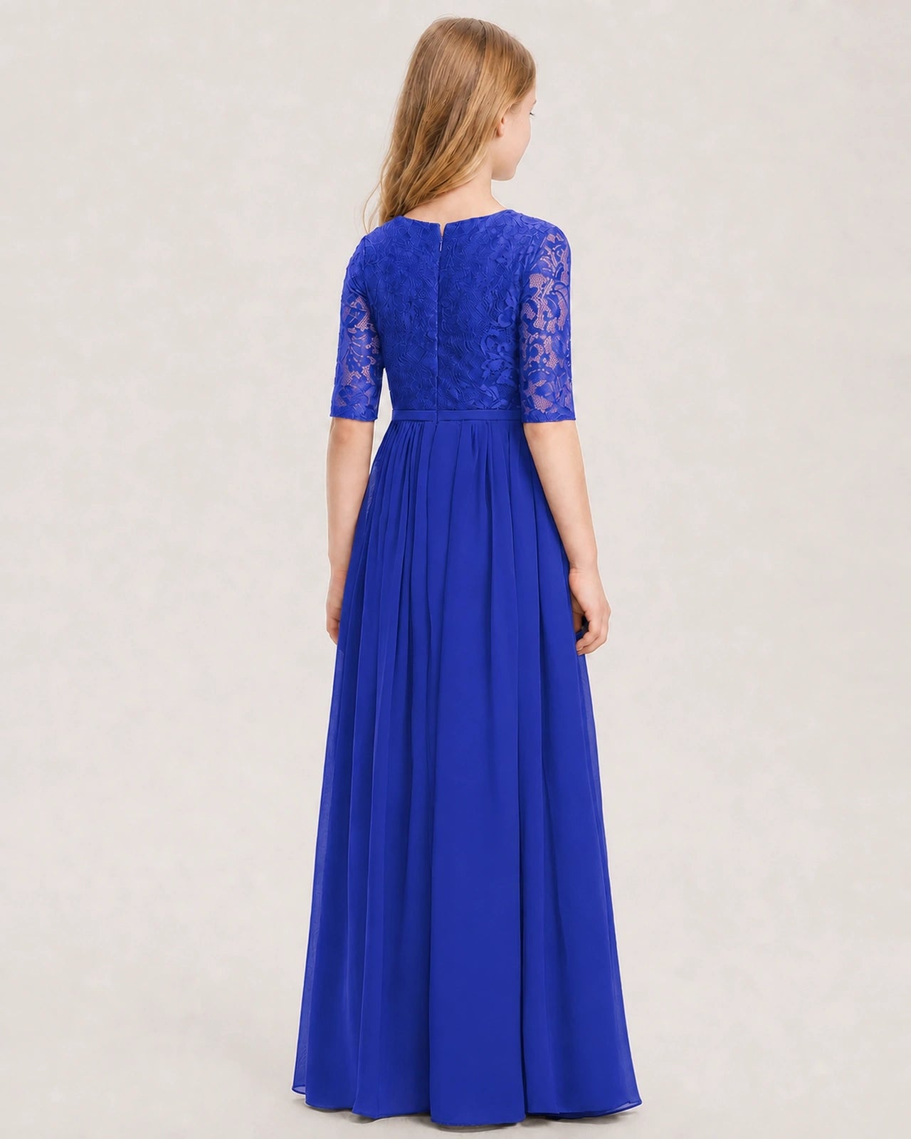 Royal Blue Junior Bridesmaid Dress  Sheer Lace Sleeve Chiffon Floor-Length Gown Back View