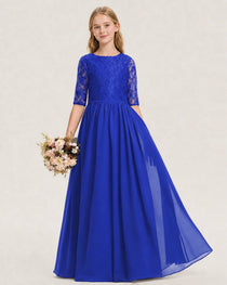 Royal Blue Junior Bridesmaid Dress  Sheer Lace Sleeve Chiffon Floor-Length Gown Front View