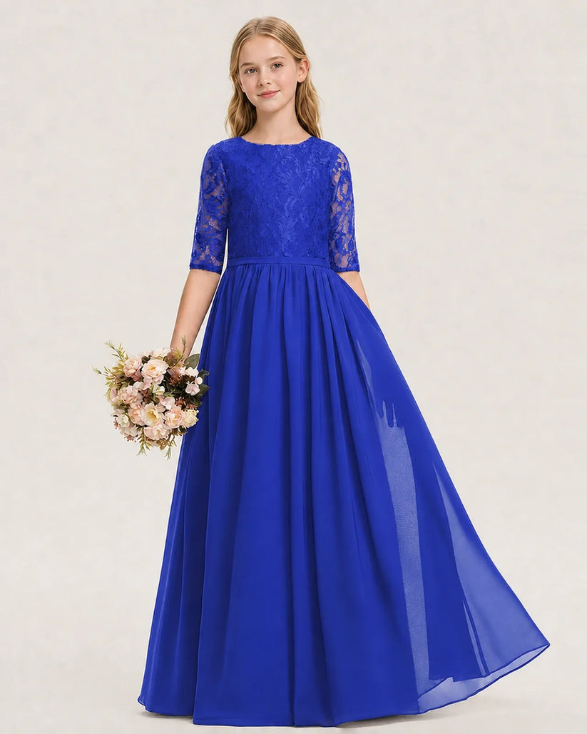 Royal Blue Lace Chiffon A-line Junior Bridesmaid Dress Front View