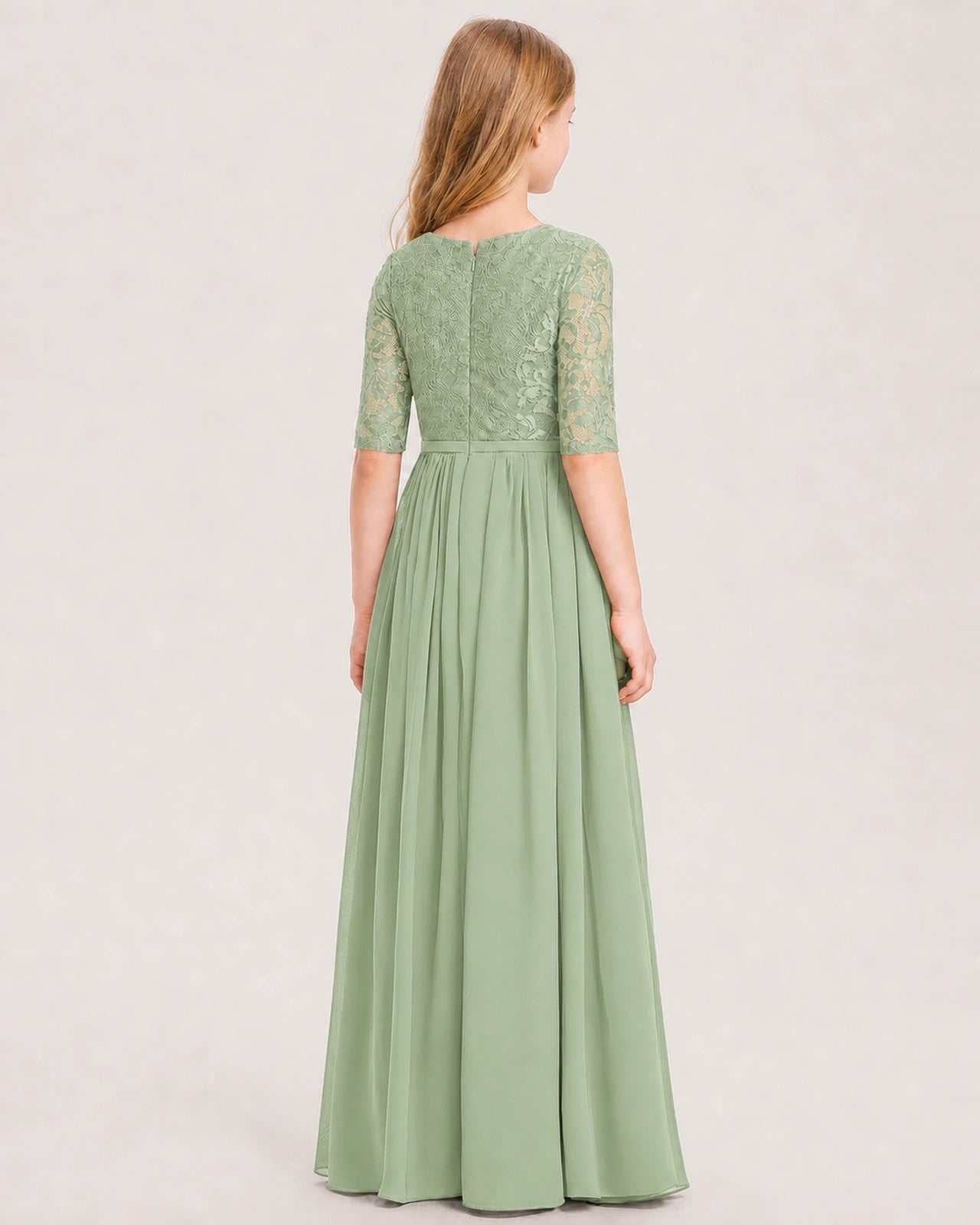 Sage Green Junior Bridesmaid Dress  Sheer Lace Sleeve Chiffon Floor-Length Gown back View