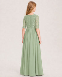 Sage Green Junior Bridesmaid Dress  Sheer Lace Sleeve Chiffon Floor-Length Gown back View