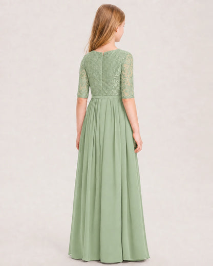 Sage Green Junior Bridesmaid Dress  Sheer Lace Sleeve Chiffon Floor-Length Gown back View