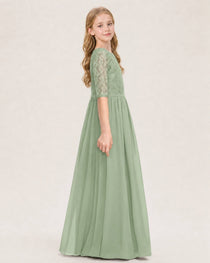 Sage Green Junior Bridesmaid Dress  Sheer Lace Sleeve Chiffon Floor-Length Gown Side View